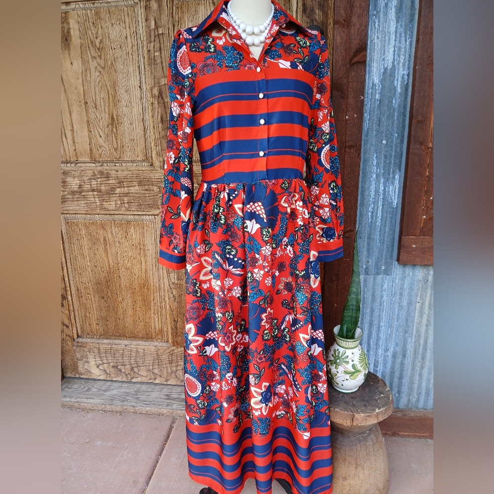 Vicky And Lucas Floral Stripe Red Blue Maxi Bohemian Dress Colorful NEW MEDIUM